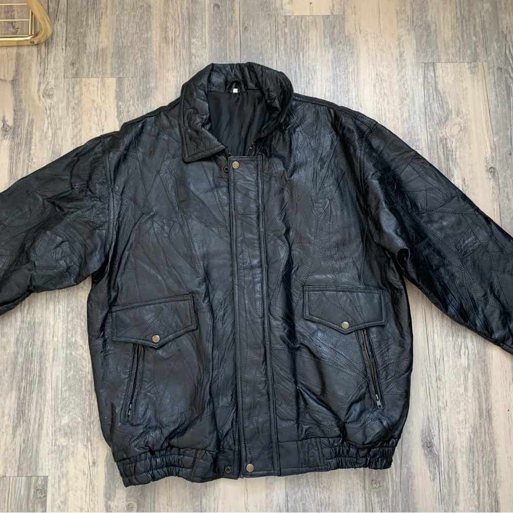 Oversize Black Leather Patchwork Bomber Jacket, - image 1